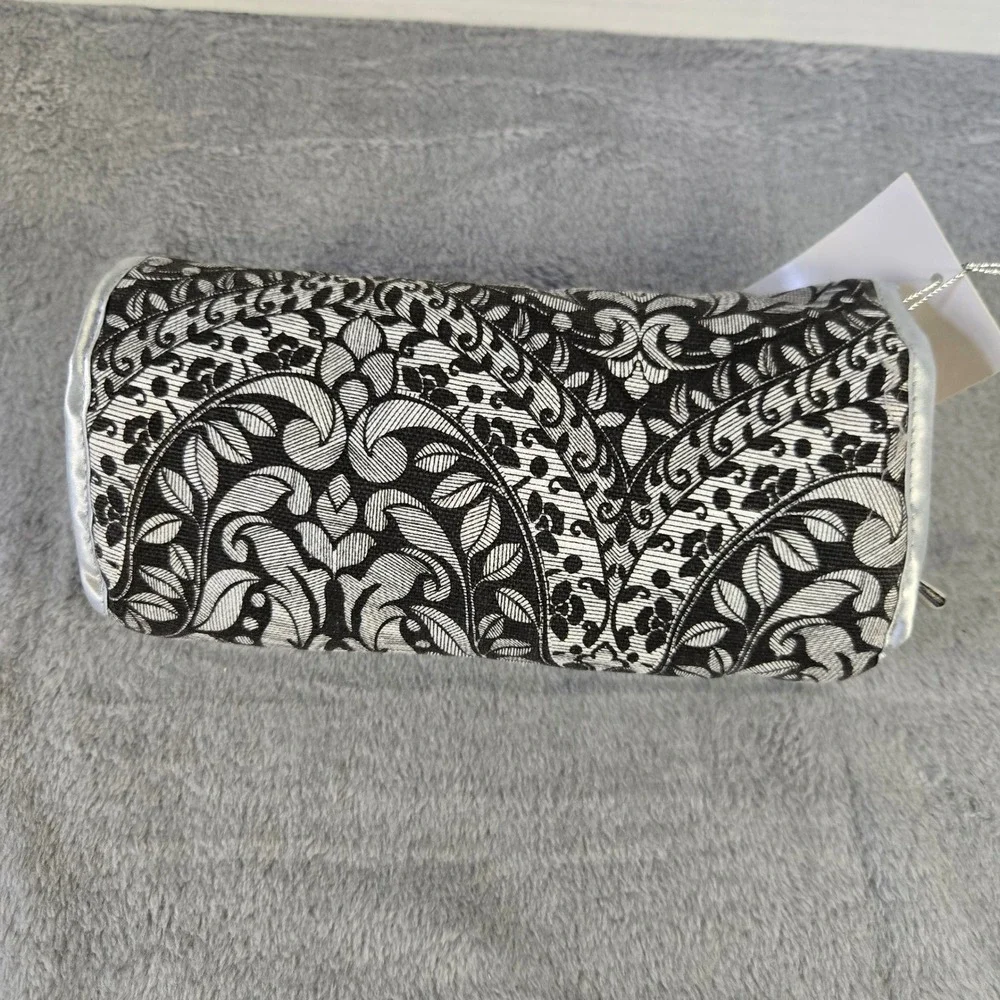 Black White Damask Brocade Jewelry Travel Case Organizer Roll Silver Trim NWT